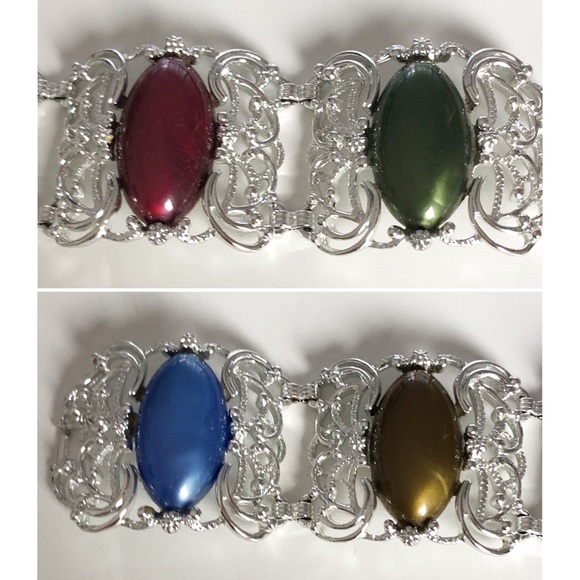 Vintage SARAH COVENTRY Silver Tone Filigree Link Bracelet w/ Multi-color Lucite - Picture 2 of 16